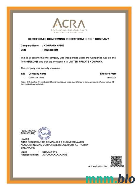 Singapore vcertyfikat of company inkorporacja Word i szablon PDF